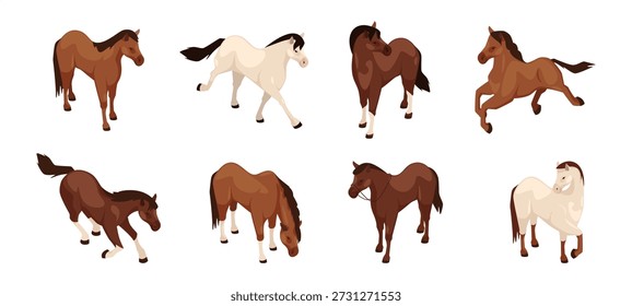 Cavalos de diferentes raças em pé e galopando. Conjunto isolado de garanhões ou éguas. Mamíferos isométricos para raça e competição. Movimento, diversidade e atividade equestre