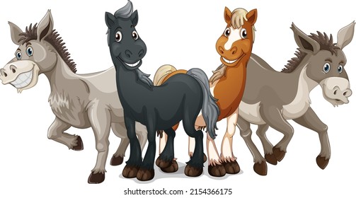 Horses and donkeys on white background illustration
