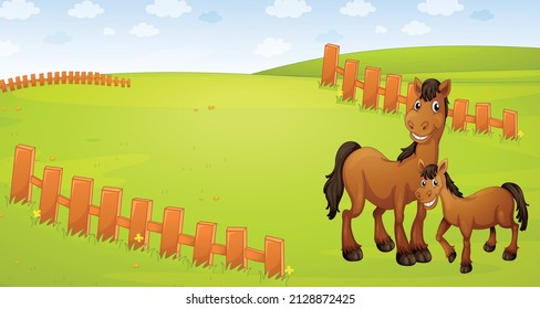 Horses farm animal standing in the meadow illustration