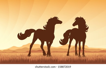 Horses in field on sunset background vector silhouette illustration. EPS 10.