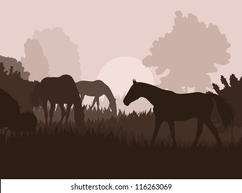 Horses in field vector background