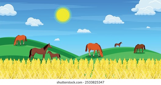 Horses in the field. Vector illustration of a farm landscape.