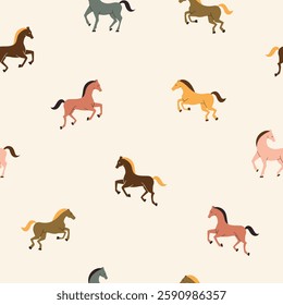 Horses flat vector seamless pattern. Purebreed mares and stallions decorative texture. Racehorses on background. Equine themed wallpaper, textile vintage design. Seamless vector background with horses