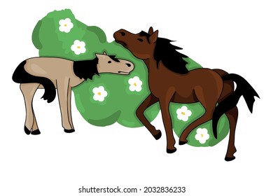 Ilustración coloreada por vectores de caballos y praderas de flores