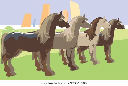 Horses, four horses grazing on the background of the city. Vector