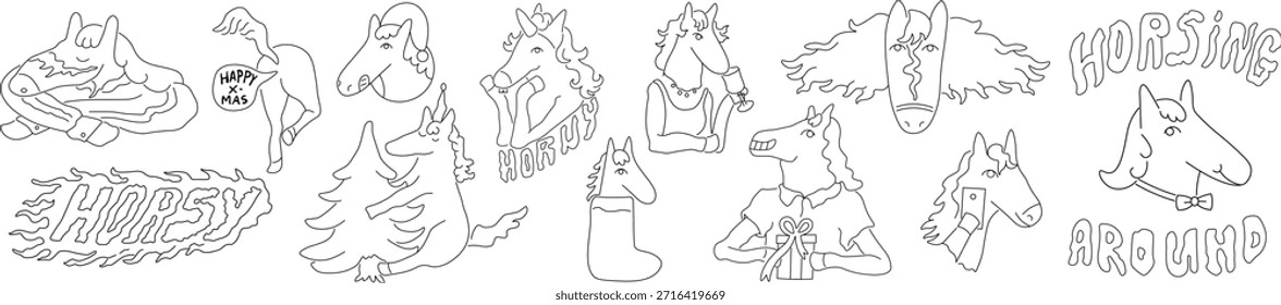 horses funny characters set in doodle style in vector. element for decor postcard design print sticker animation poster background