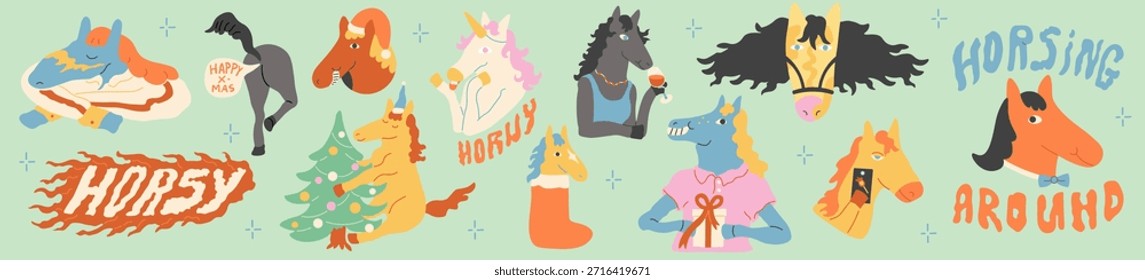 Caballos Divertidos Personajes en estilo Doodle en Vector Elemento para decoración Diseño de postal Imprimir pegatina Animación Cartel de fondo