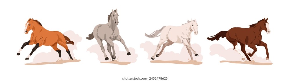 Horses galloping set. Wild stallions running at fast speed, rising dust from ground. Beautiful strong free racehorses in action, movement. Flat vector illustration isolated on white background