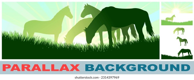 Horses graze in meadow. Summer rural. Morning sun. Picture layers parallax effect. Nice silhouette. Vector image isolated background.