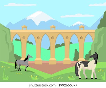 Horses grazing in background of old bridge and landscape. Cartoon vector illustration. Summer meadow, horses, mountains and Victorian bridge. Nature, architecture, animal concept for banner design