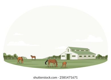 Horses grazing in a green pasture near a large white stable with a fence area and trees in the background under a clear sky