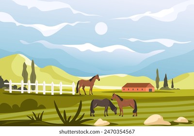 Horses Grazing in Pasture vector