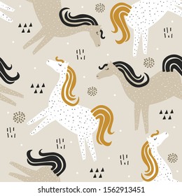 Horses, hand drawn backdrop. Colorful seamless pattern with animals. Decorative cute wallpaper, good for printing. Overlapping background vector. Design illustration