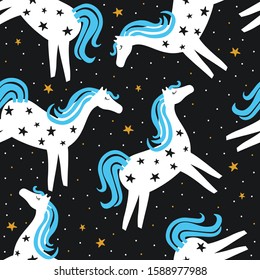 Horses, hand drawn backdrop. Colorful seamless pattern with animals, stars. Decorative cute wallpaper, good for printing. Overlapping colored background vector. Design illustration