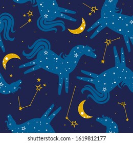 Horses, hand drawn backdrop. Colorful seamless pattern with animals, moon, stars. Decorative cute wallpaper, good for printing. Overlapping colored background vector. Design illustration