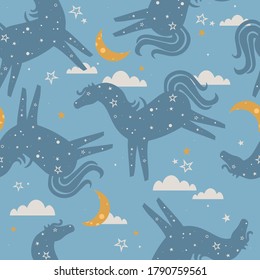 Horses, hand drawn backdrop. Colorful seamless pattern with animals, moon, stars. Decorative cute wallpaper, good for printing. Overlapping colored background vector. Design illustration