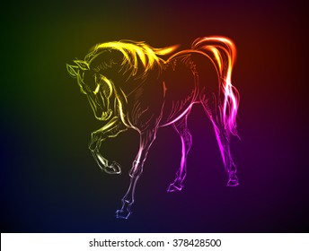 Horses. Hand-drawn neon illustration