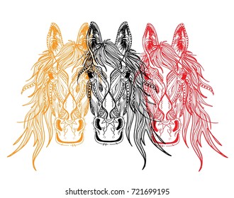 Horse's head. Drawing by hand in vintage style. Meditative coloring. coloring for children. A horse with a long mane. Arrows, points, patterns.