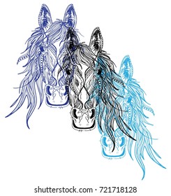 Horse's head. Drawing by hand in vintage style. Meditative coloring. coloring for children. A horse with a long mane. Arrows, points, patterns.