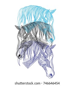 Horse's head. Drawing by hand in vintage style. Meditative coloring. coloring for children. A horse with a long mane. Arrows, points, patterns.