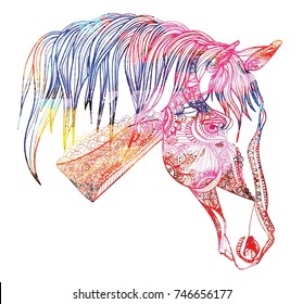 Horse's head. Drawing by hand in vintage style. Meditative coloring. coloring for children. A horse with a long mane. Arrows, points, patterns.