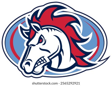 horse's head with a fierce expression. The horse has a red mane and is outlined in blue and white The background consists of an oval shape with blue and red accents This logo likely represents a sport