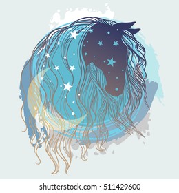 Horse's head with long curly mane, moon and stars. Vector hand drawn illustration in romantic boho style
