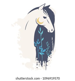 Horse's head with long mane, moon and plants. Vector hand drawn illustration in romantic boho style