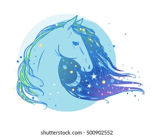 Horse's head with moon and stars. Vector illustration