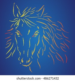 The horse's head on a blue background. Pixel art. Horse Logo. Polo sign. Vector illustration.