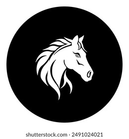 A horse's head symbol in the center. Isolated white symbol in black circle. Vector illustration on white background