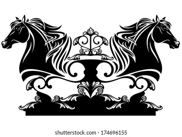 horses heads ornate emblem - black and white vector design