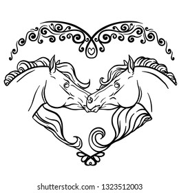 Horses in the heart coloring page. vector illustration.