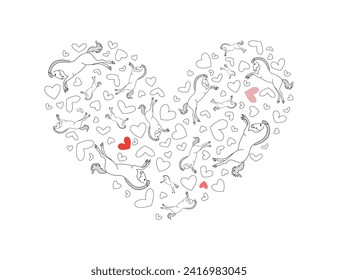 Horses and hearts forming a heart shape. Black and white vector illustration