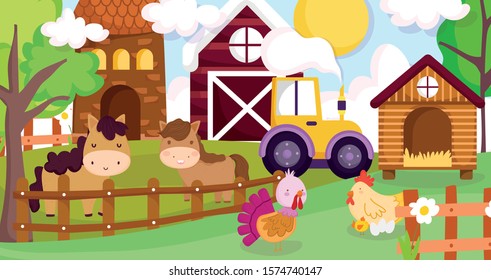 horses hen chicken turkey tractor barn house fence farm animals vector illustration