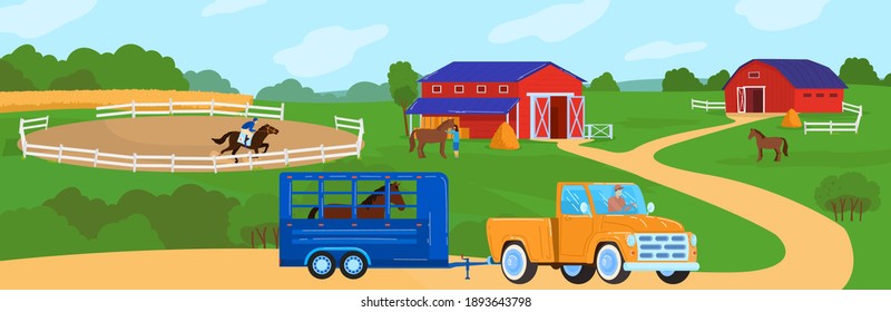 Horses at horse farm country summer rural landscape vector illustration. Ranch field with fence, meadow and horses. Farmland. Horseman on racehorse and truck for moving animals.