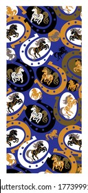 Horses and horseshoe pattern on a cobalt blue background