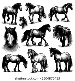 The horses in the image are all different sizes and have different expressions. Some are standing still, while others are walking or running