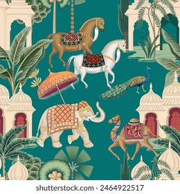 Caballos, elefantes indios, camellos, pavos reales, palmeras y arquitectura de patrón inconsútil. Fondo de pantalla oriental vintage.	