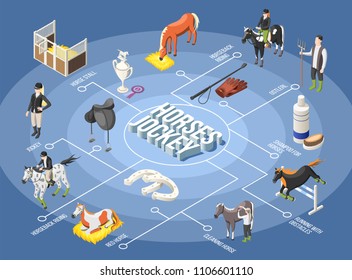 Horses And Jockey 3d Flowchart With Ostler Horse Stall Horseback Riding Running With Obstacles Isometric Elements Vector Illustration