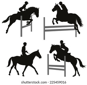 Horses jumping a hurdle. Vector silhouettes set. EPS 10