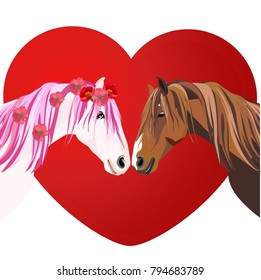 Horses love heart isolated on white background. Valentine's day concept. Vector illustration.