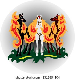 Horses with mane hair and tails. Group of three paints as fairy tale characters. Wild run animals in wind and fire emotions. Art design illustration ornament to print out or stick. Multicolor isolated