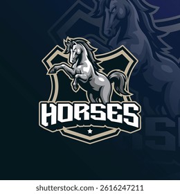 Horses mascot logo design with modern illustration concept style for badge, emblem and t shirt printing. Horse badge illustration for sport and esport team.