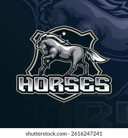 Horses mascot logo design with modern illustration concept style for badge, emblem and t shirt printing. Horse badge illustration for sport and esport team.
