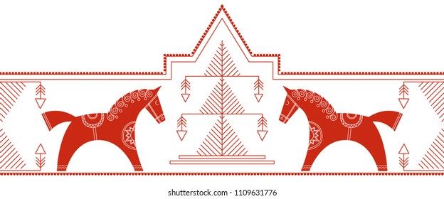 Horses near the stylized tree. Linear style. Based on the Northern folk crafts. Tourist souvenir. Embroidery. Vector.