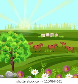 Horses on a green field Vector. Farm ville sunny summer day backgrounds