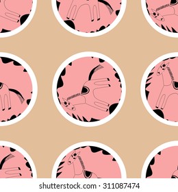 Horses on a pink background. White circles. Graphic seamless pattern.