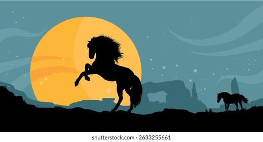 horses on prairie at night with full moon – vector illustration