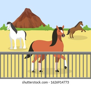 Horses outdoor behind fence on manege at hippodrome, ranch, farm stable vector illustration. Purebred racehorses domestic animal husbandry nature mountain rock landscape.